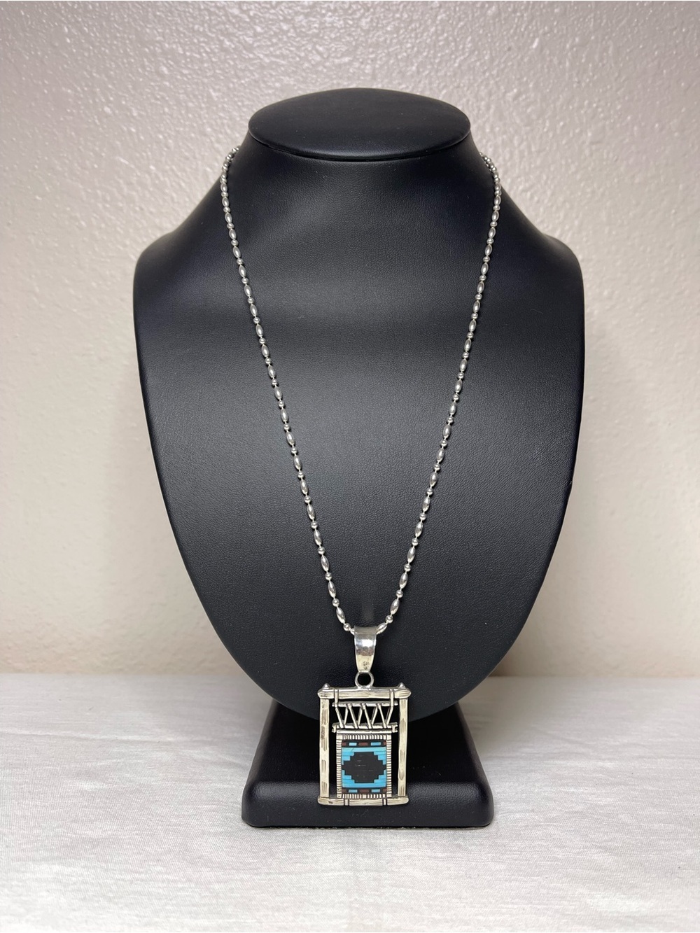 Sterling Silver Turquoise, Coral and Jet Pendant with Serling Silver 22” Chain